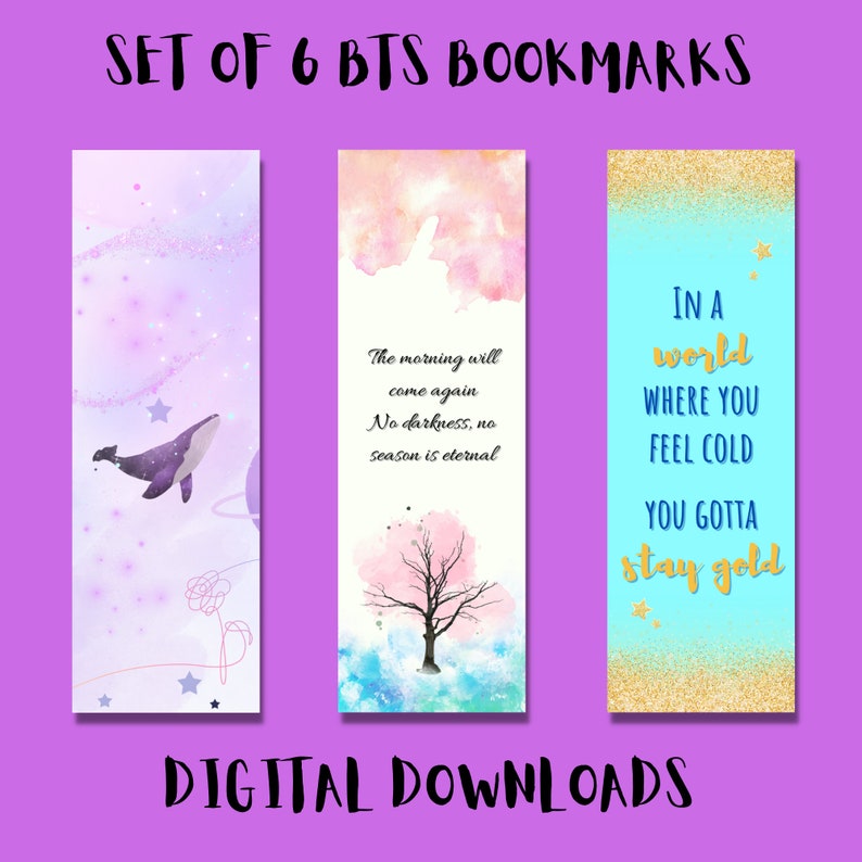 Printable BTS Inspired Bookmarks, Set of 6, Digital Bookmarks to