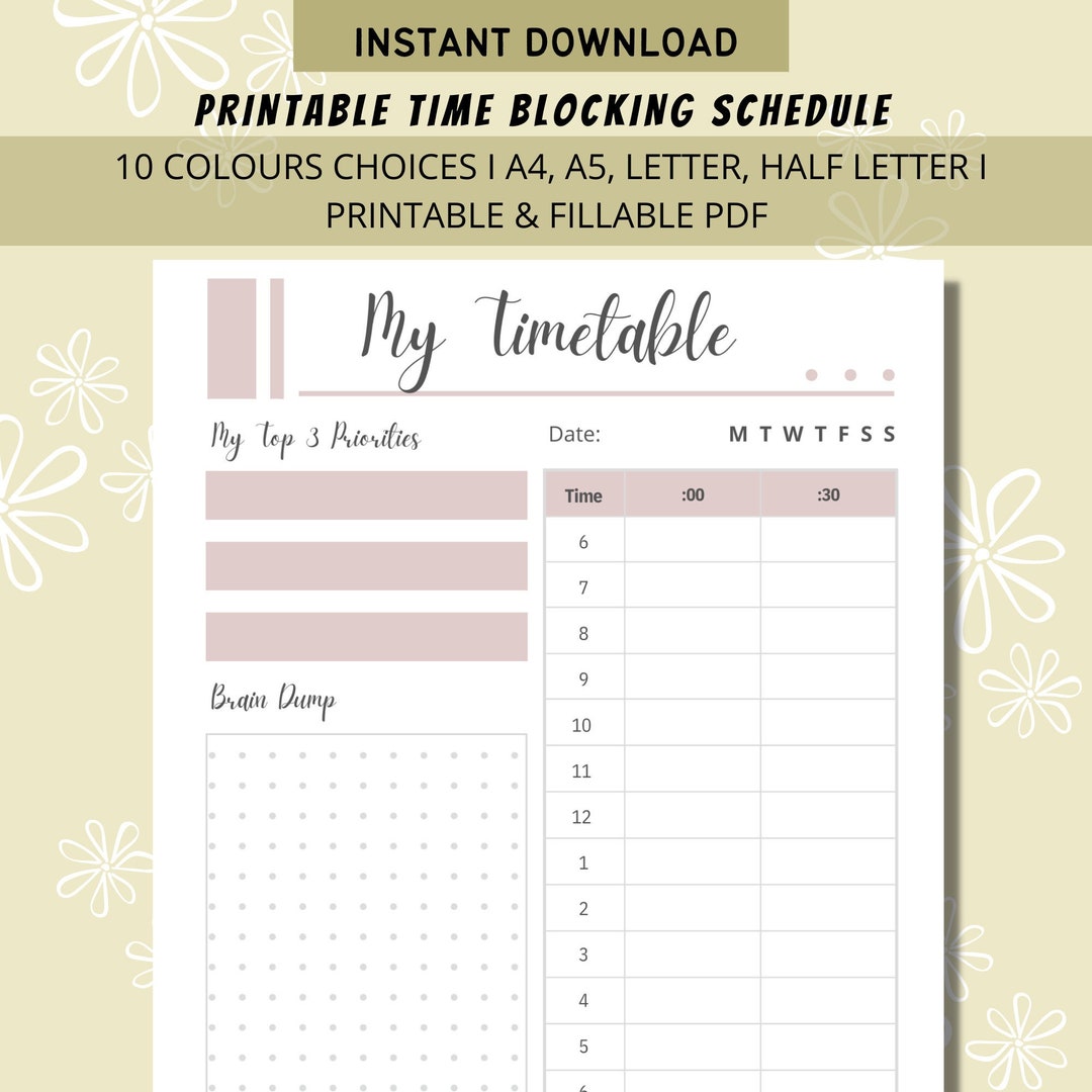 Printable Time Blocking Schedule, Daily Timetable and Planner ...