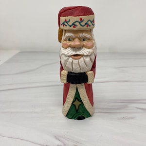Santa wood carving with Holly Christmas hand carved and painted decor figurine