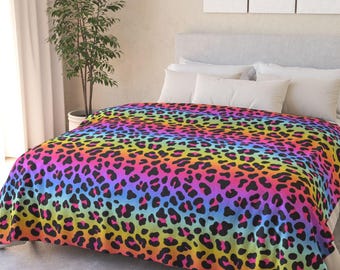 Rainbow Leopard Sherpa Blanket: Neon Cheetah Fleece Throw, Boho Dorm Decor