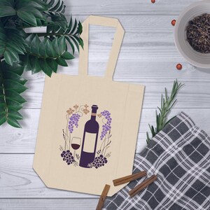 Wine Tote Bag with Grape & Bottle Print – Canvas Wine Carrier with Handles – Eco-Friendly Gift for Wine Lovers, Hostess, or Holiday Events
