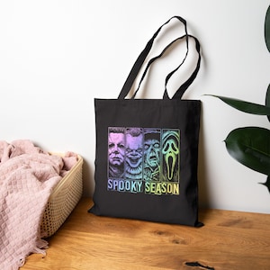 Spooky Season Horror Tote Bag – Halloween Villains Rainbow Print, Cotton Trick or Treat Bag, Scary Movie Gift, Creepy Bookish Tote