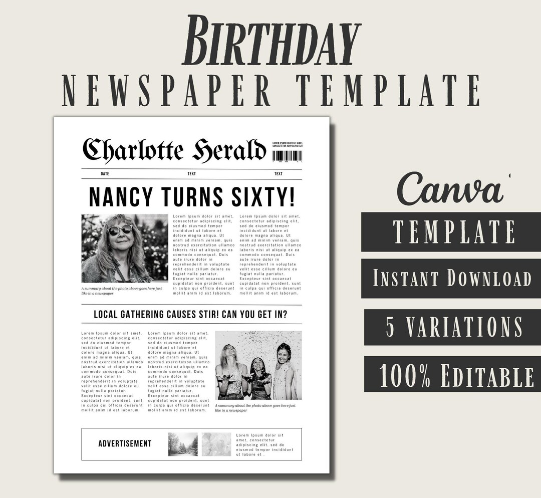 Instant Download Newspaper Template Newspaper Birthday Printable ...