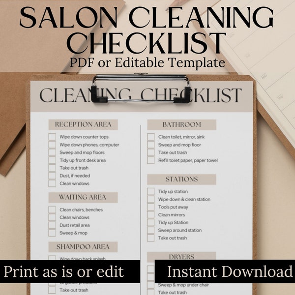 Salon Cleaning List, Cleaning Checklist, Cleaning checklist for salon, Editable Cleaning Checklist, Printable PDF, Cleaning Canva