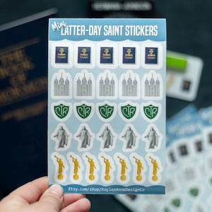 Mini LDS Stickers - 4”x6” Sheet - Waterproof (Moroni, Book of Mormon, Salt Lake Temple, CTR Ring, Christus) - 27 Mini Stickers
