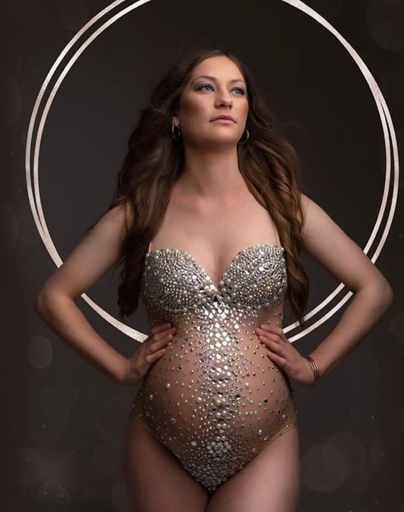 Plus Size Rhinestones Maternity Body Suit for Photoshoot, Pearl Embellished Body  Suit for Pregnant Women, Maternity Gown Props DLM020 