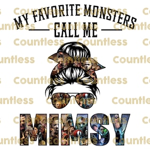 Op de afbeelding: Een zwart-wit grafisch ontwerp met de tekst "My Favorite Monsters Call Me Mimsy". De grafiek toont een vrouw met een rommelige knot en een zonnebril. De knot en de zonnebril zijn gemaakt van afbeeldingen van horrorfilmfiguren.