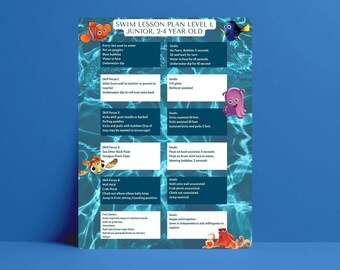 Junior 1 Swim Lesson Plan 2 to 4 Year Old Toddler Preschoolers Beginner Level 1 Complete Nemo Dory Swimming Lessons PDF Editable Template