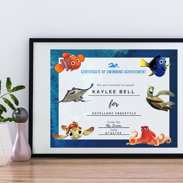 Swimming Certificate Swim Lesson Achievement Progress Editable Document and PDF Nemo Dory