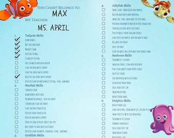 Swim Lesson Skills Chart Complete Sunsational Swim Lessons Swimming Checklist Nemo Dory Themed PDF