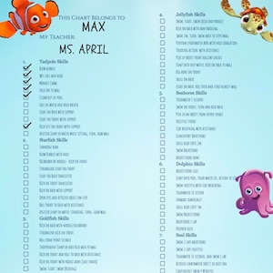 Tabella delle abilità delle lezioni di nuoto Lezioni di nuoto Sunsational complete Elenco di controllo per il nuoto PDF a tema Nemo Dory