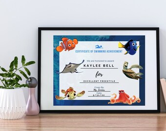 Swimming Certificate Swim Lesson Achievement Progress Editable Document and PDF Nemo Dory