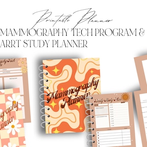 May include: A set of printable planners for mammography technicians. The planners feature a retro 70s aesthetic with daisy patterns, swirls, and stars. The planners include a lesson plan, to-do list, daily study plan, and a checklist for procedures.