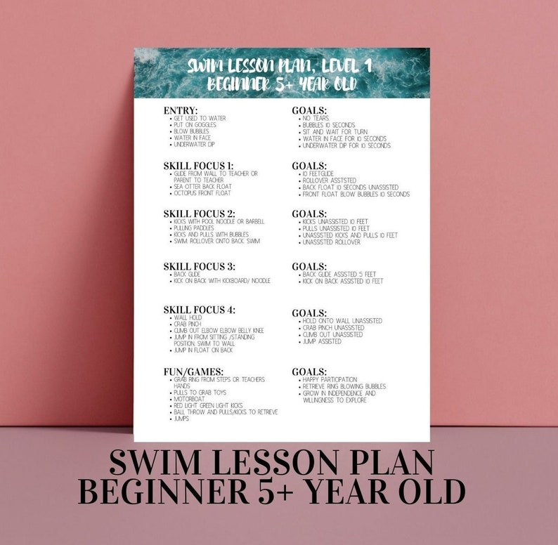Swim Lesson Checklist Lesson Plan Beginner Level 1 Swimming 5 and up