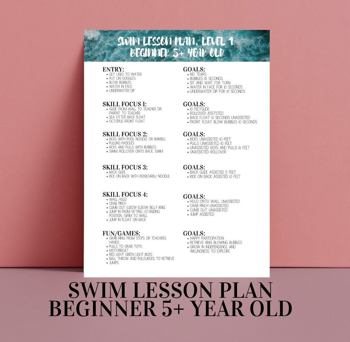 Swim Lesson Checklist Lesson Plan Beginner Level 1 Swimming 5 and up