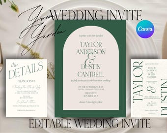 Green Botanical Garden Wedding Invite Aesthetic 2025 2026 Trendy Wedding Essentials Canva Editable Details Card Cool Font Invites RSVP