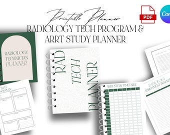 May include: Printable planner for radiology technician students. The planner includes a study timetable, assignment tracker, and lesson plan pages. The cover features a green and white design with the text "Rad Tech Planner".