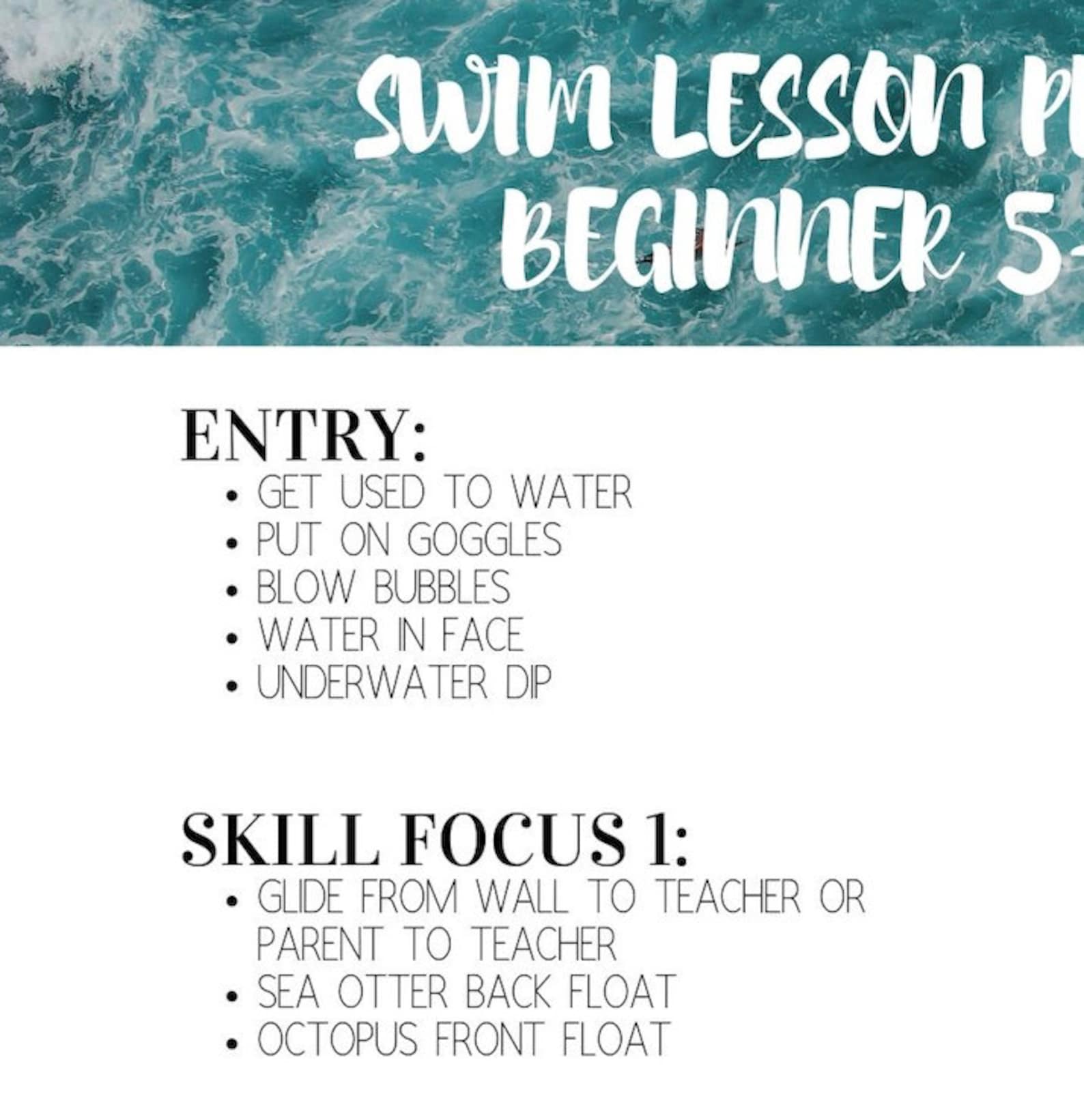 Swim Lesson Checklist Lesson Plan Beginner Level 1 Swimming 5 and up Water Safety Instructor