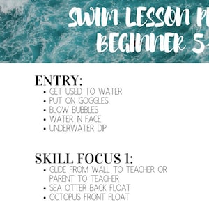 May include: A swim lesson plan for beginners. The plan includes an entry section with steps like getting used to water, putting on goggles, blowing bubbles, and underwater dip. The skill focus section includes gliding from wall to teacher, sea otter back float, and octopus front float.
