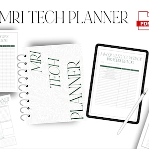 Könnte beinhalten: Ein druckbarer MRI Tech-Planer mit weißem Hintergrund und grünem Text. Der Planer enthält Abschnitte für Verfahren, klinische Protokolle, Qualitätskontrolle und ein Tagesprotokoll. Der Planer ist als PDF-Download verfügbar.