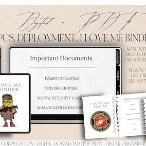 Może przedstawiać: Cyfrowy, drukowany segregator dla personelu wojskowego, z kreskówkowym minionkiem w mundurze USMC trzymającym karabin. Segregator zawiera sekcje na ważne dokumenty, listy kontrolne i spis treści. Na okładce widnieje tekst "I Love Me Binder".