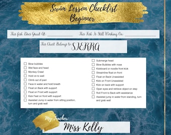 Lista de verificación de lecciones de natación Casillas de verificación para principiantes Lecciones de certificado de natación Lecciones de natación
