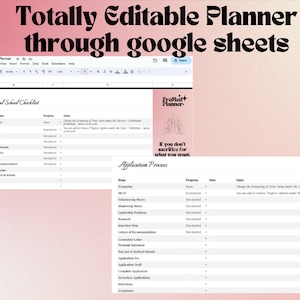 May include: A pink and white Google Sheet spreadsheet with the title "Totally Editable Planner through Google Sheets". The spreadsheet is divided into two sections: "Medical School Checklist" and "Application Process". Each section has a list of tasks with columns for "Checklist Items", "Progress", "Date", and "Notes".