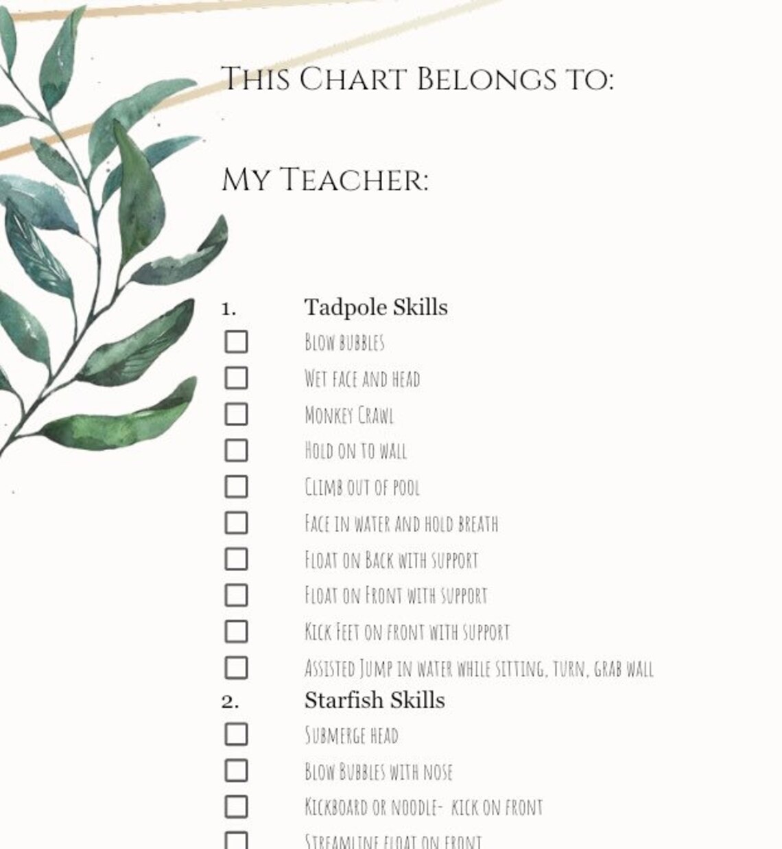 Pool Lesson Chart Swim Lesson Skills Chart Fillable Template Private or Public Swimming ...
