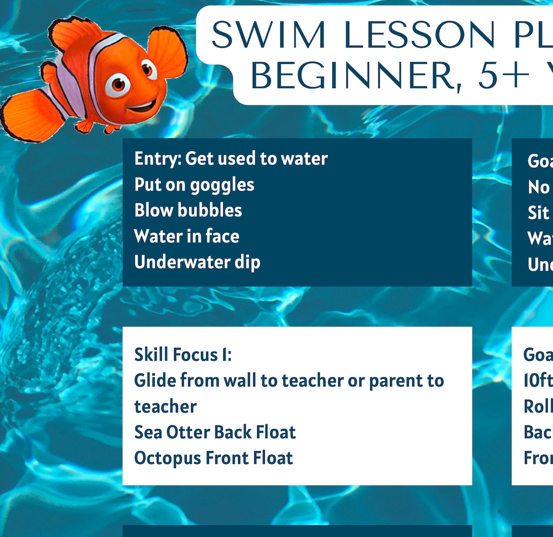 Swim Lesson Plan Beginner Level 1 Swimming 5 and up Water Safety Instructor Plan Nemo PDF JPG