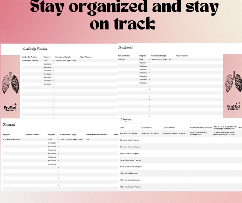 May include: A printable planner with a pink background and the text "Stay organized and stay on track". The planner is divided into three sections: Leadership Position, Involvement, and Progress. Each section has a table with columns for progress, commitment length, and major takeaway.