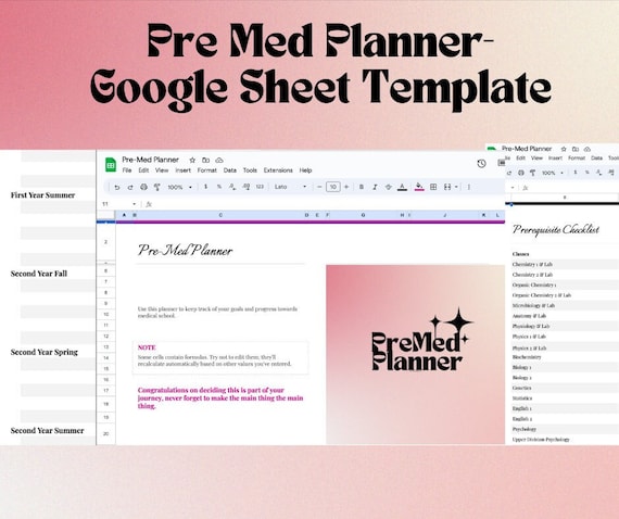 Pre-Med Google Sheets Planner MCAT Planner Medical School Cute Premed Pre Health Google Doc