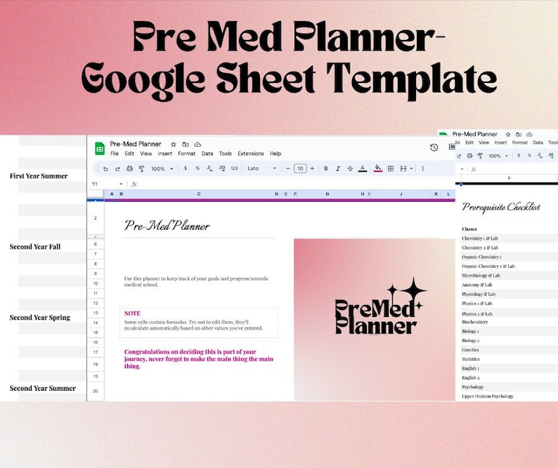 May include: A Google Sheet template for pre-med students. The sheet is titled "Pre-Med Planner" and includes a checklist of prerequisite courses for medical school. The sheet is divided into sections for each year of study, with columns for course name, semester, and grade.