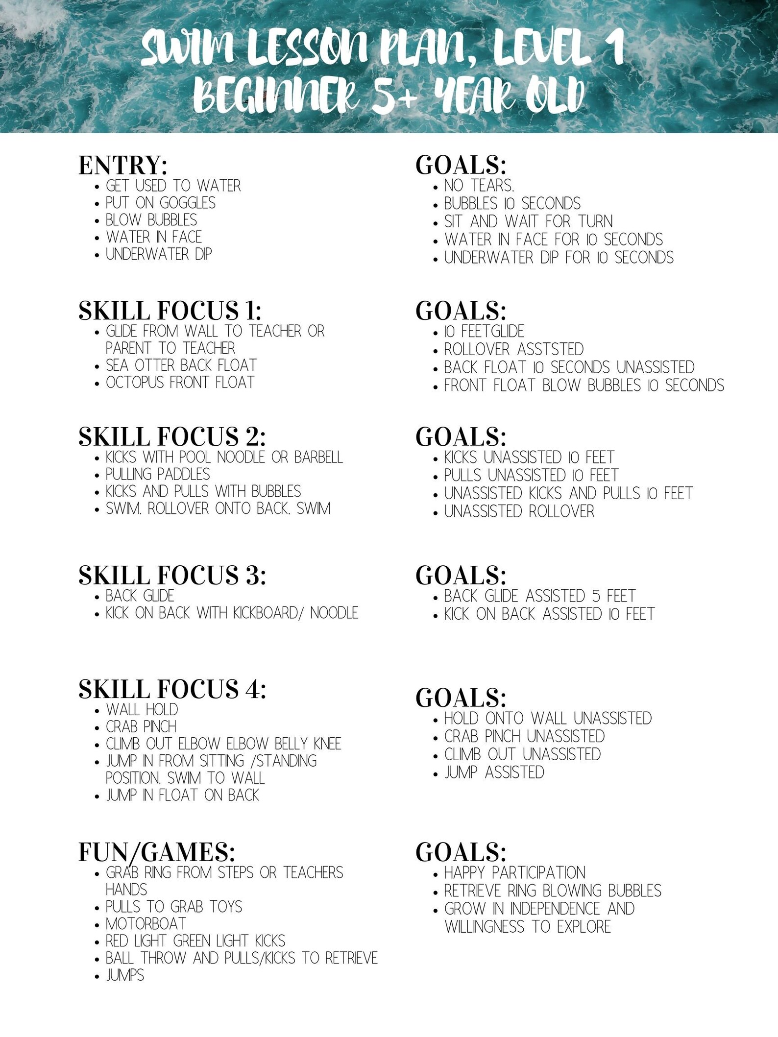 Swim Lesson Checklist Lesson Plan Beginner Level 1 Swimming 5 and up
