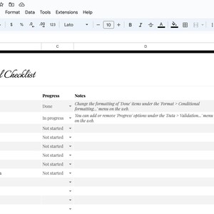 May include: A spreadsheet with the title "Medical School Checklist" with a list of items to complete, such as "Pre Requisites", "MCAT prep", "Volunteering", and "Shadowing". The spreadsheet has columns for "Checklist Items", "Progress", and "Notes". The notes column includes instructions on how to change the formatting of the spreadsheet.