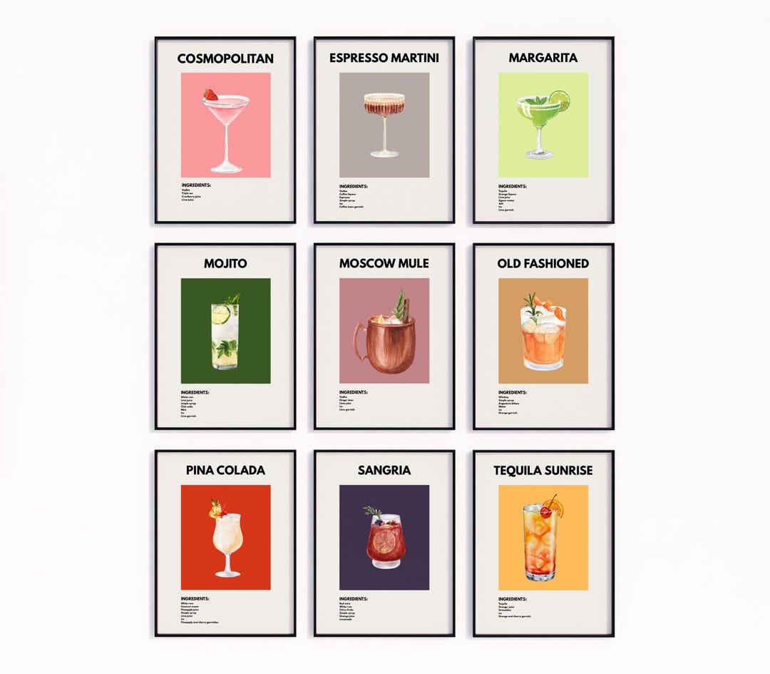 printable kitchen prints wall art, set of 6, hand... Cocktail Recipe Wall Art Set | 9 Printable Bar Posters | Digital Drink ...