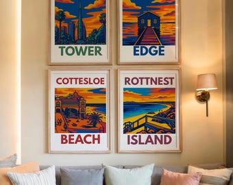May include: Four framed travel art prints with colorful illustrations of landmarks and landscapes. The prints feature the words "Bell Tower", "Crawley Edge", "Cottesloe Beach", and "Rottnest Island". The artwork has a vintage travel poster style.
