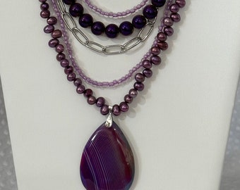 Purple Pearls, Agate focal in purple stripes, 5 strand 16 inch necklace with graduated strings to 22 inches