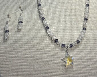 Star crystal pendant on beaded necklace with matching earrings - 18 inch
