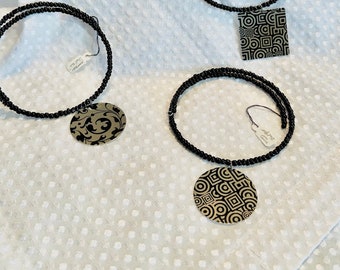 IRF Steel Focals choker necklace black and silver - choice of geometric or vine design pendant from memory wire