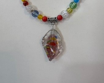 Lamp Work Confetti Focal Pendant on multi color glass and stone bead necklace, 17 in plus 2 in extension of cable chain for 19 inch length