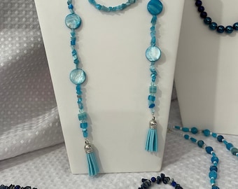 Lasso Necklace, Mother of Pearl dyed blue 20mm round shape beads with tiger eye blue/aqua med chips and round faceted aqua crystals 40 inch