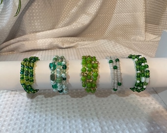 Memory wire wrap bracelets Green Hues- Fits any size wrist, mixed beads, glass, crystal, crackle, clear, square, round, big ones, leaf, etc.