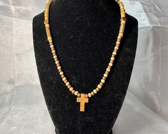 Wood & Copper Estate beaded necklace 18 inch with copper ext chain, charms and wood cross focal