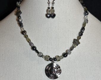 Czech Mix Glass and Gun Metal Necklace with Earrings