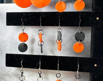 Clay Circles & Half Circles in Orange and Black - ear wires earrings