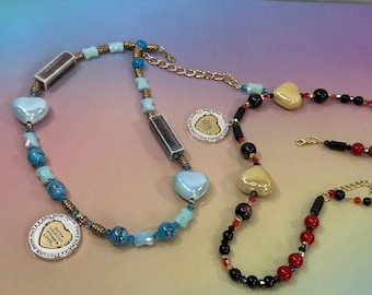 Ceramic Heart Pendant Necklace, Porcelain Floral Beads, Scripture Charm, Two Styles