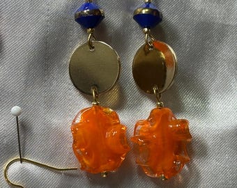 Blue and Orange with Gold Disc Earrings - sports teams colors
