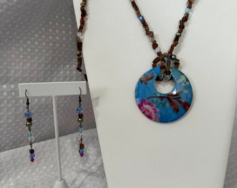 Abalone Shell Pendant with 40 inch endless necklace of tiger eye chips, glass pearls, Swarovski and Asfour Crystals and matching earrings