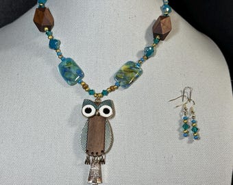Owl Pendant Wood, Gold and Teal Necklace & earring set
