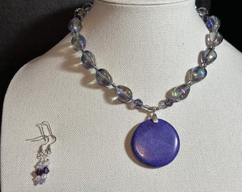 Grape Magnesite Pendant on glass and crystal necklace (17 inch) with matching earrings